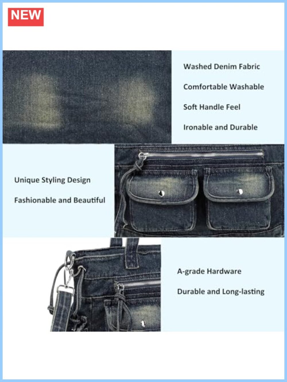 New Washed Denim Messenger Bag for Women Cute Jean Purse Handbag with Straps - Picture 5 of 6
